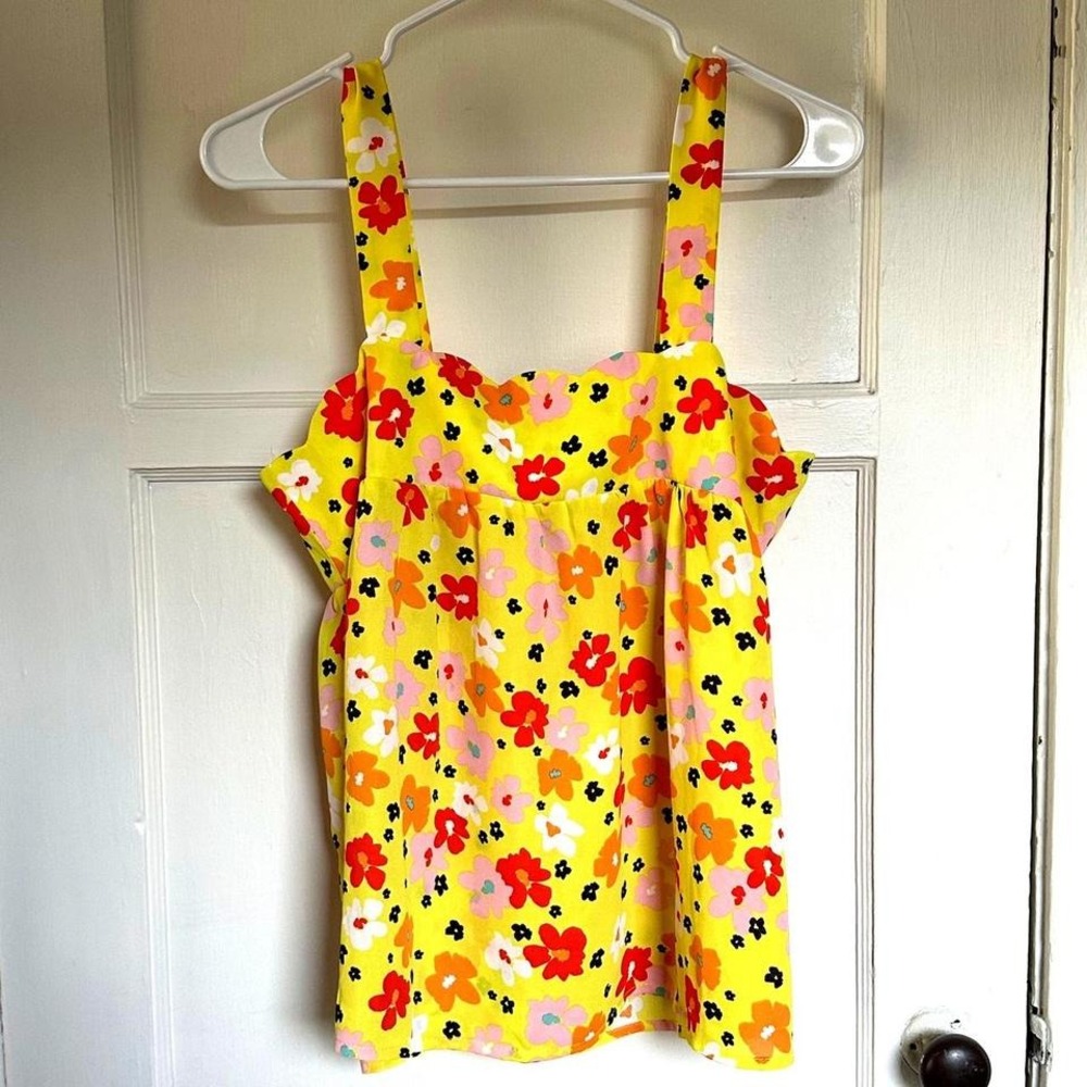 Emily Wonder Floral Tank Top Yellow Scalloped Neck Small B36